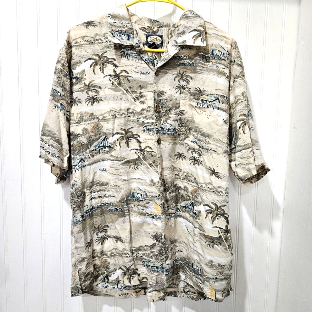 Tommy Bahama Shirt Mens Large Beige Hawaiian Island Palm Tree Print